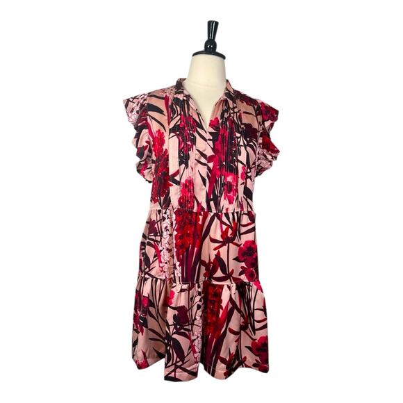Tommy Hilfiger New Shift Dress Ruffle Tie Neck Pink Red Floral Women’s Size 16 - Picture 1 of 13